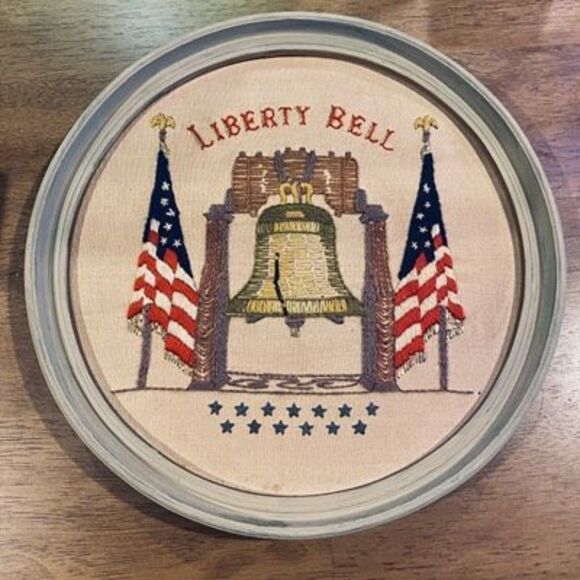 Vintage Liberty Bell Framed Crewel Needlework Americana 13” Round Patriotic Art - Picture 1 of 9
